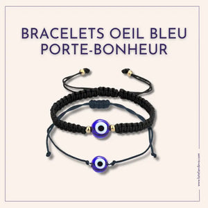 Bracelet ou collier avec perle en verre représentant l'œil bleu turc Nazar Boncuk, symbole de protection contre le mauvais œil et porte-bonheur, conçu en corde polyester noire avec un design discret et élégant