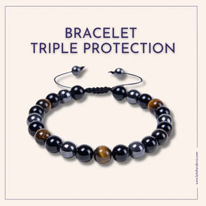 Bracelet triple protection avec perles d'hématite, d'œil de tigre et d'obsidienne noire en pierres naturelles, conçu pour éloigner les énergies négatives et favoriser le bien-être