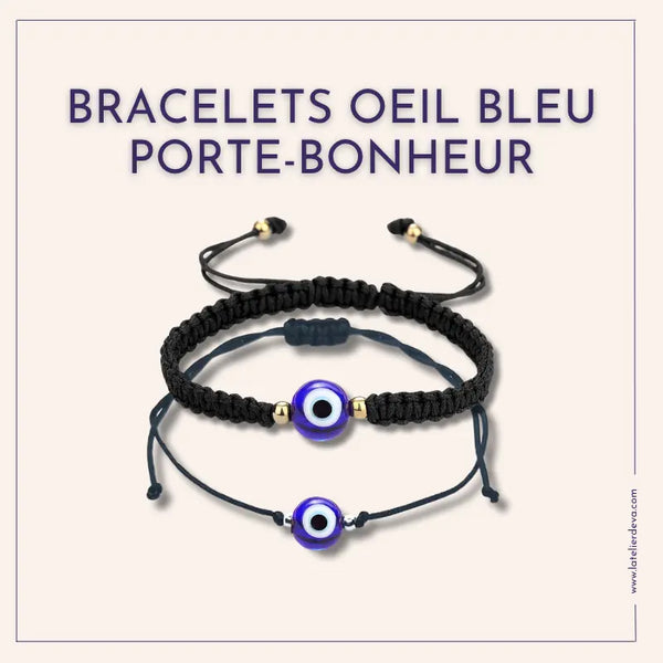 Bracelet ou collier avec perle en verre représentant l'œil bleu turc Nazar Boncuk, symbole de protection contre le mauvais œil et porte-bonheur, conçu en corde polyester noire avec un design discret et élégant