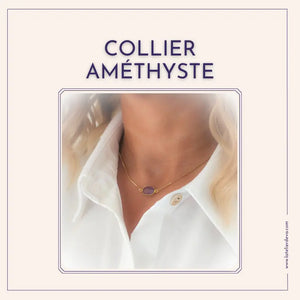 Collier pendentif en chaîne dorée réglable avec une pierre d'améthyste naturelle, symbolisant l'apaisement, l'harmonie et la protection, idéale pour favoriser la spiritualité et réduire le stress