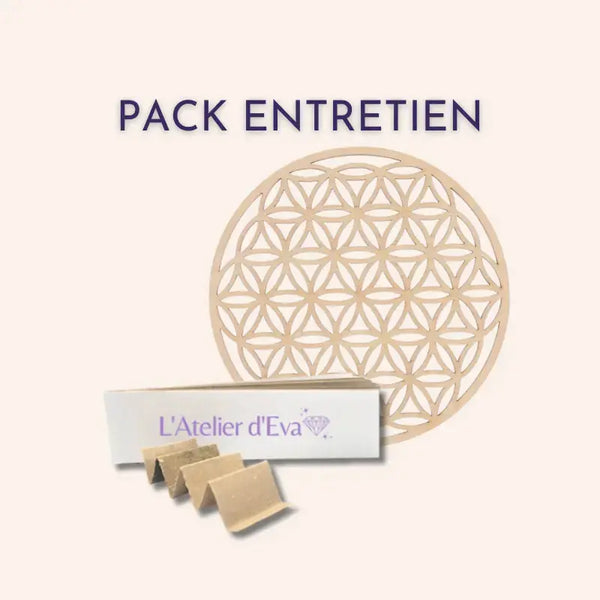 Image illustrant le Pack Entretien des Pierres Naturelles comprenant un carnet d'encens naturel et une fleur de vie en bois, conçus pour purifier et recharger vos pierres afin de maintenir leur efficacité et leurs bienfaits