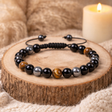 Bracelet triple protection avec perles d'hématite, d'œil de tigre et d'obsidienne noire 